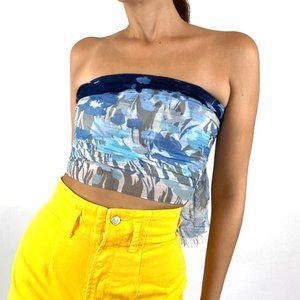 Vintage Light Blue Floral Scarf Top Crop Top Boho